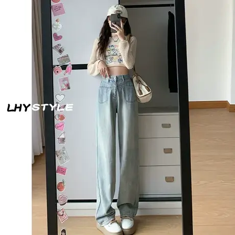 浅色窄版阔腿牛仔裤女2023年秋季新款设计感褶皱宽松显瘦直筒裤子图片