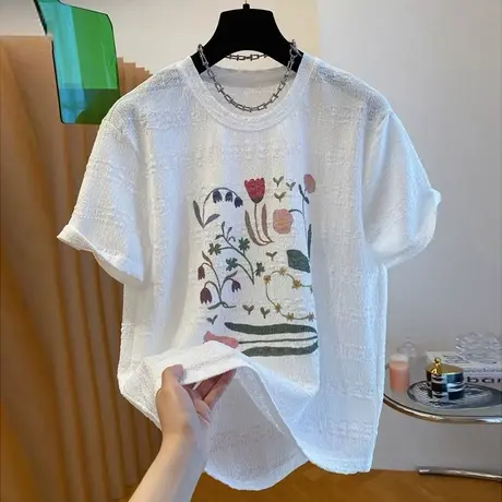 肌理感短袖T恤女夏季2025新款宽松韩版百搭设计感小众半袖上衣潮商品大图