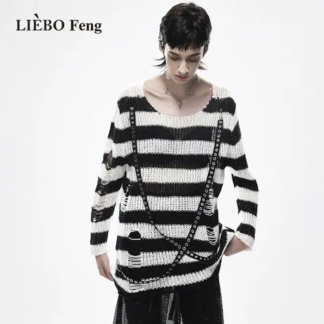 裂帛LIEBOFeng设计师品牌高街时髦宽松遮肉慵懒风黑白条纹针织衫商品大图