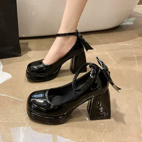 永希玛丽珍鞋女秋季2023年新款粗跟浅口时髦单鞋蝴蝶结气质高跟鞋商品大图