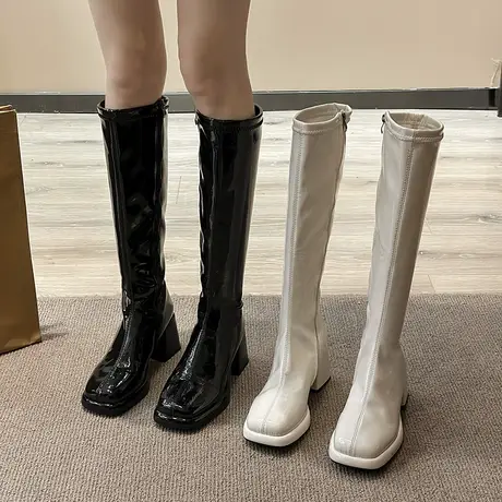 永希靴子女长筒靴高跟秋季2023年新款显瘦高筒皮靴粗跟复古骑士靴商品大图