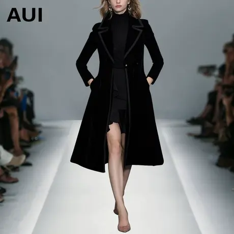 欧洲站气质黑色丝绒风衣女中长款2023秋冬新款女装欧货潮外套大衣商品大图