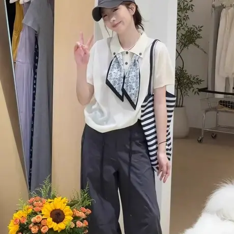 冰丝针织POLO衫正肩短袖t恤女夏季设计感小众超好看独特漂亮上衣商品大图