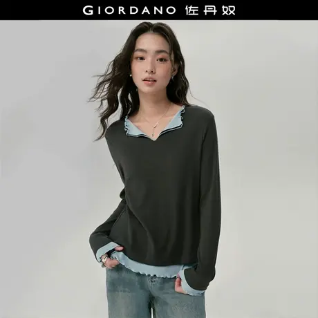 设计师款佐丹奴长袖T恤女修身V字翻领木耳边假两件上衣女18325518商品大图
