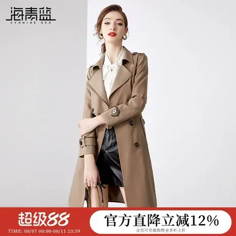海青蓝洋气休闲百搭款风衣女外套春秋新款时尚英伦风中长款大衣女图片
