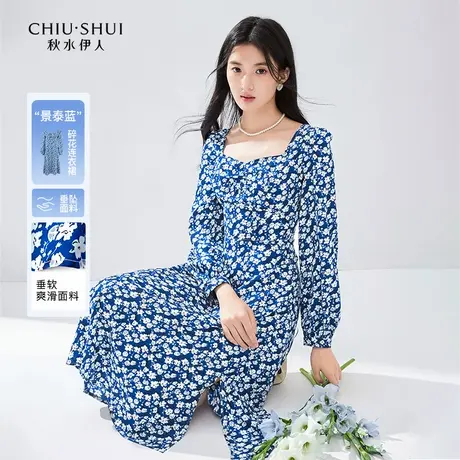 秋水伊人开衩碎花方领雪纺连衣裙2025春季新款女装高腰A字中长裙图片