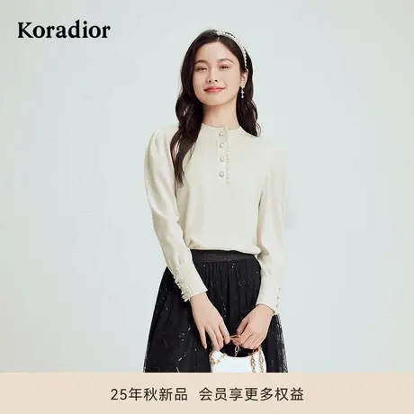 珂莱蒂尔秋桑蚕丝山羊绒混纺宫廷风气质小立领套头针织衫毛衫女商品大图