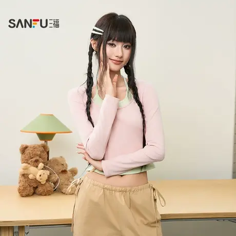 三福女秋季假两件U领短款T恤 时尚个性宽松单衣上衣女509508图片