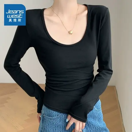 LE真维斯女装通勤低圆领长袖T恤 2025秋季新品女式气质纯色上衣商品大图