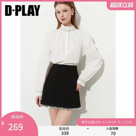 DPLAY2025年春季新款白色衬衫女上衣时髦独特花边宽松长袖衬衣商品大图