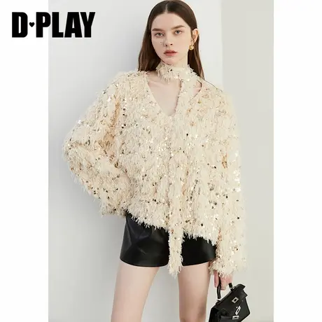 DPLAY冬季新款百搭米白色V领亮片蕾丝雪纺衫宽松上衣长袖女商品大图