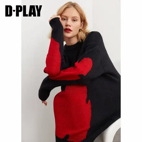 DPLAY秋新新款简约气质黑色落肩毛衣少女感爱心针织连衣裙商品大图