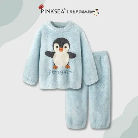 半边绒睡衣女款2025新款长袖秋冬季简约蓝色高级感企鹅家居服套装商品大图