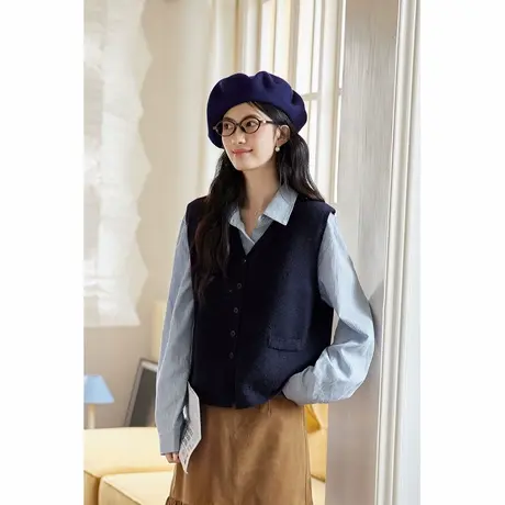 弥古藏蓝色v领针织马甲女2025新款春秋叠穿无袖马夹背心外搭上衣商品大图