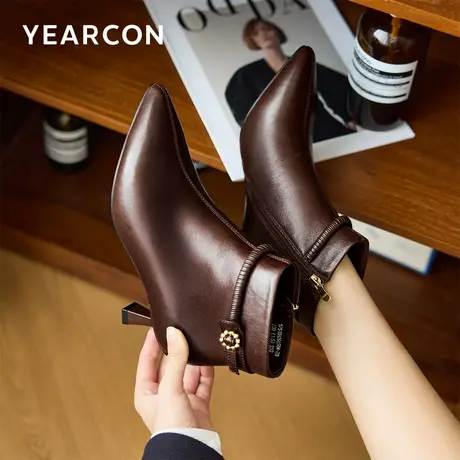 意尔康女鞋2025冬季真皮法式短靴细跟气质羊皮单靴及踝靴女士皮鞋图片