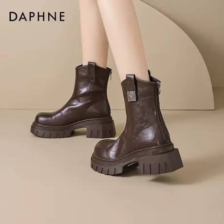 达芙妮棕色厚底短靴女款2024秋冬新款小个子增高马丁靴复古中筒靴图片