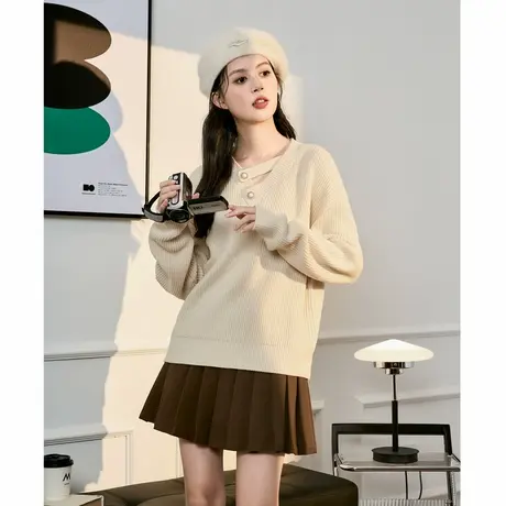 唐狮新款春秋季套头毛衣女别致镂空V领粉色气质净色毛线衫TD图片