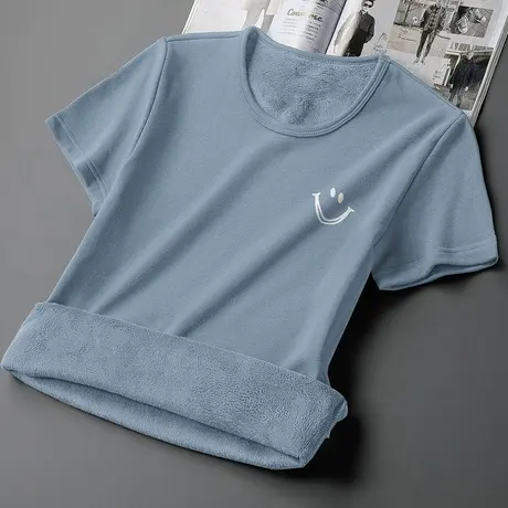 短袖t恤男士潮流修身圆领上衣服秋冬加绒加厚半袖保暖体恤打底衫商品大图