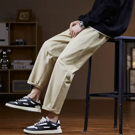 唐狮简约休闲裤男士秋冬纯色复古时尚小直筒裤子抽绳日系潮牌长裤商品大图