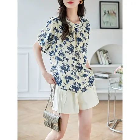 宝诗黎圆领蝙蝠袖印花雪纺衫2023夏季新款韩系百搭洋气短袖小衫女商品大图