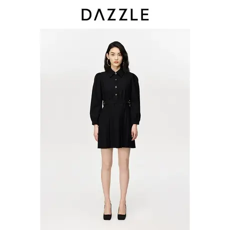 【昕怡粉丝专享】DAZZLE地素奥莱 黑色泡泡袖收腰百褶西装连衣裙商品大图