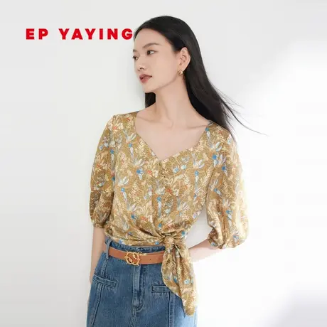 EP雅莹女装 设计感V领泡泡袖真丝印花衬衫 春装商场同款2212A图片