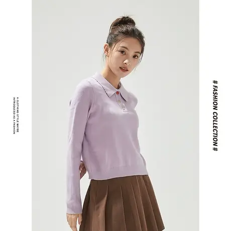 [商场同款]唐狮冬季毛衫女POLO领左胸胸针毛衣日常百搭休闲图片