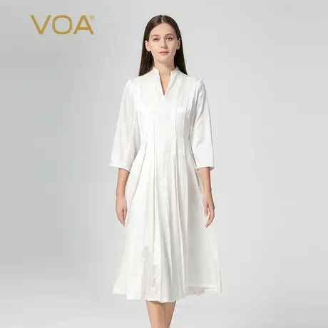 VOA斜纹提花丝滑弹力缎面桑蚕丝缺口领七分袖收腰简约真丝连衣裙图片