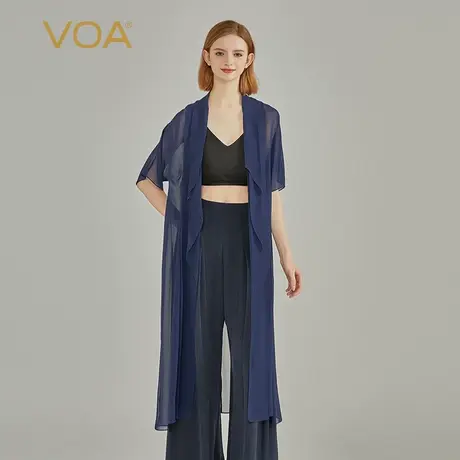 VOA真丝乔其黛蓝色短袖堆堆领立体活页拼接宽松微透轻盈风衣商品大图