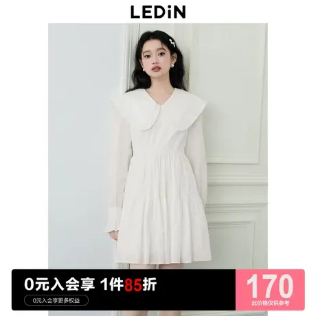 乐町甜美娃娃领连衣裙2023秋季女装白色收腰温柔公主裙子商品大图