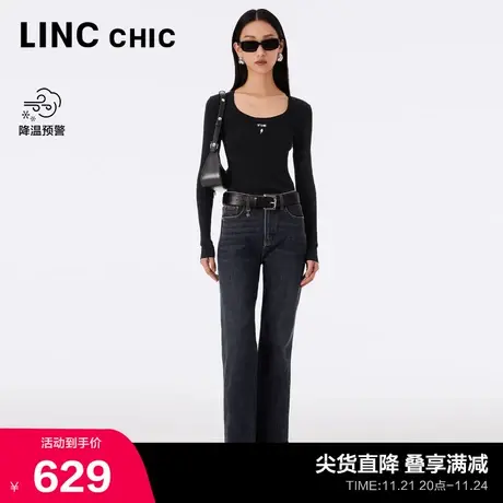 LINCCHIC金羽杰牛仔裤女中高腰直筒牛仔裤深灰蓝裤子女S233JE485Y商品大图