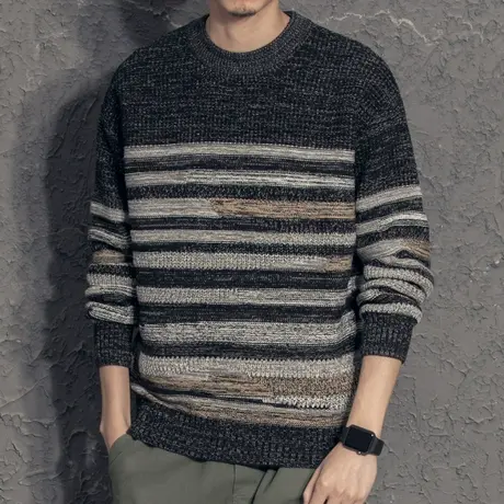 条纹圆领毛衣男士韩版潮流个性宽松加厚套头慵懒针织衫秋冬季新款图片