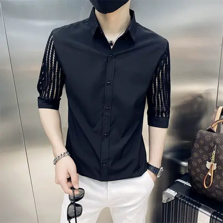 七分袖衬衫男士夏季个性韩版蕾丝镂空中袖发型师潮流痞帅短袖衬衣商品大图