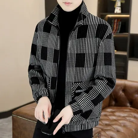 冬季加厚格子夹克外套男士潮流痞帅气雪尼尔冬装男装休闲毛呢大衣商品大图