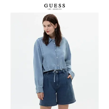 GUESS女复古薄款牛仔衬衫设计感系带收腰长袖上衣商品大图