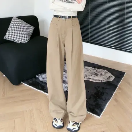 裤子宽松直筒美式高街小个子阔腿裤女2023新款秋冬高腰垂感配腰带商品大图
