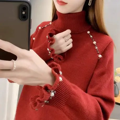 钉珠设计感高领针织衫女宽松内搭两翻领洋气上衣图片