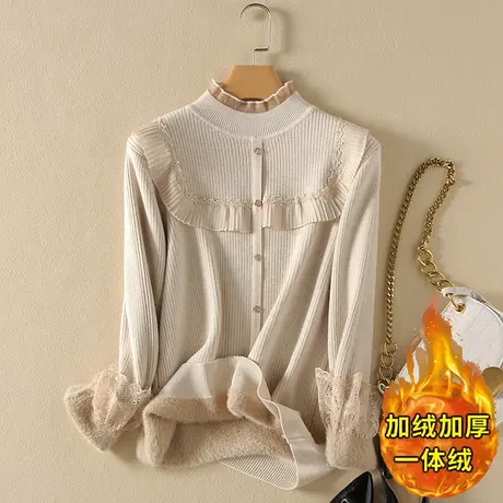 一体绒半高领毛衣女2023年秋冬新款加绒加厚宽松内搭针织打底衫女商品大图