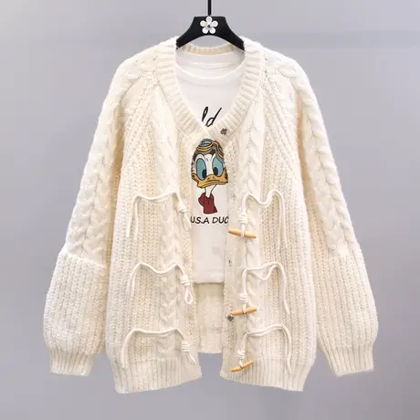 复古牛角扣麻花毛衣外套女秋冬2023新款宽松慵懒风洋气针织开衫图片