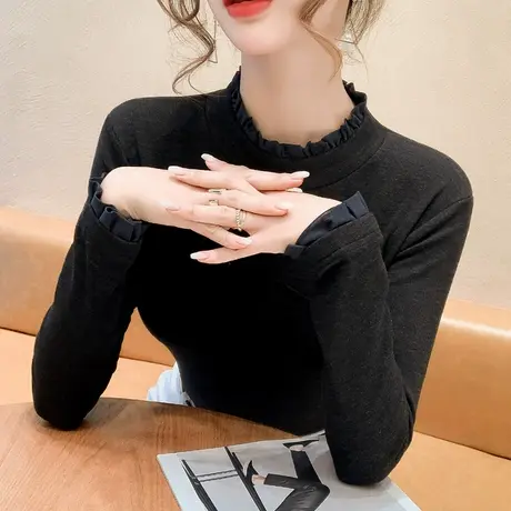 德绒打底衫女秋冬内搭显瘦加厚上衣半高领长袖时尚木耳边气质T恤商品大图