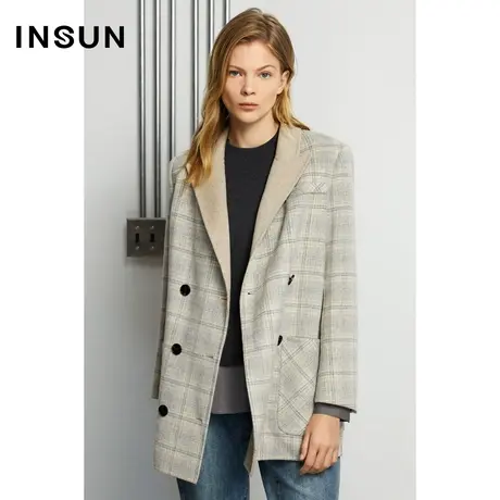 INSUN恩裳冬季格纹西装领羊毛毛呢外套中长款商品大图