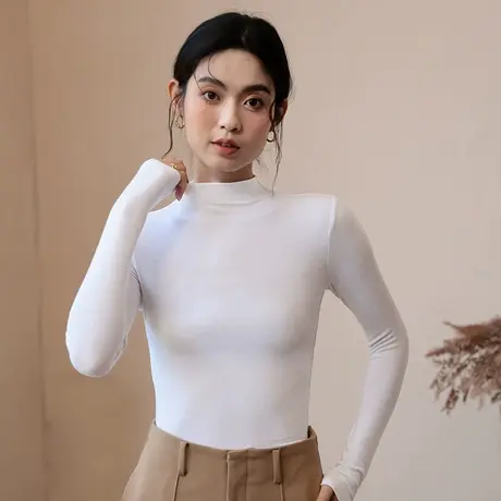 莫代尔半高领打底衫女2025新款秋冬白色内搭长袖t恤洋气加绒上衣商品大图