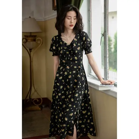 弥古黑色碎花连衣裙高级感夏季沙滩裙女海边度假裙子法式雪纺长裙图片