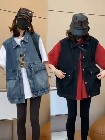 2025春季款翻领大口袋减龄牛仔马甲女韩系宽松慵懒风休闲外套商品大图