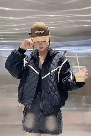 菱格短款夹棉羽绒棉服外套女秋冬2023新款高级感小众轻薄棉衣ins商品大图