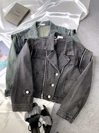 韩版水洗复古西装领牛仔外套女2023秋季新款帅气重工拉链机车夹克图片