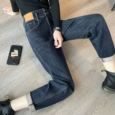 高腰哈伦牛仔裤女卷边秋冬季加薄绒宽松直筒小个子九分萝卜老爹裤商品大图