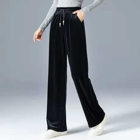 黑色金丝绒阔腿裤女2024年新款秋冬妈妈裤子宽松休闲拖地裤直筒裤商品大图