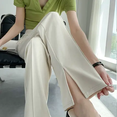开叉阔腿裤女春夏薄款高腰垂感显瘦小个子休闲铜氨丝拖地直筒长裤图片