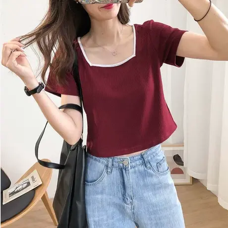 2024夏季新款打底小众短袖t恤女方领短款高腰辣妹紧身bm甜辣上衣商品大图